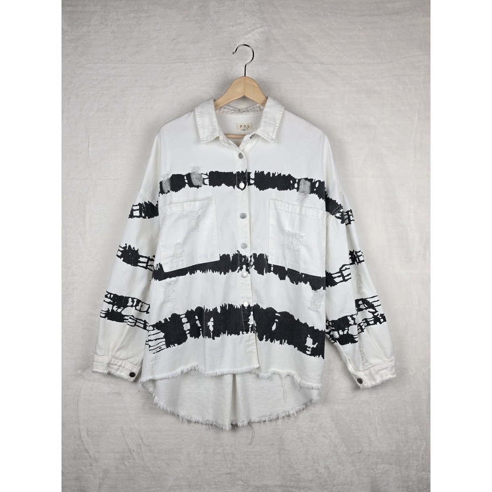POL Denim Shacket Womens Small White Black Striped Raw Hem Style YWT366
